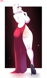 Size: 1620x2666 | Tagged: suggestive, artist:ksenik, toriel (undertale), bovid, goat, mammal, anthro, undertale, backless, blushing, border, bottomwear, breasts, butt, clothes, dress, female, high heels, horns, huge breasts, looking at you, looking back, looking back at you, mature, mature female, rear view, shoes, side slit, sideboob, skimpy, solo, solo female, total sideslit, white border