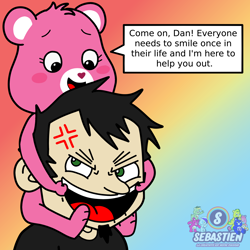 Size: 2400x2400 | Tagged: safe, artist:mrstheartist, cheer bear (care bears), bear, fictional species, human, mammal, semi-anthro, care bears, care bears: unlock the magic, care bear, colored tongue, cross-popping veins, crossover, dan vs., daniel mandel (dan vs.), duo, duo male and female, female, fur, gradient background, green eyes, heart nose, male, pink body, pink fur, red tongue, this will end in death, tongue