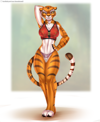Size: 1800x2200 | Tagged: suggestive, alternate version, artist:doomxwolf, master tigress (kung fu panda), big cat, feline, mammal, tiger, anthro, digitigrade anthro, dreamworks animation, kung fu panda, 2015, armpits, arms behind head, belly button, breasts, butt, clothes, digital art, ears, eyelashes, female, hand on hip, looking at you, nipple outline, panties, solo, solo female, tail, tank top, thighs, topwear, underass, underwear, wide hips
