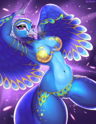 Size: 1693x2177 | Tagged: safe, artist:aridolena, oc, oc only, bird, galliform, peafowl, anthro, 2022, 2023, armpits, beak, bedroom eyes, belly button, bikini, breasts, clothes, commission, digital art, ears, eyelashes, feathered wings, feathers, female, fur, looking at you, open mouth, simple background, solo, solo female, swimsuit, tail, thighs, tongue, wide hips, winged arms, wings