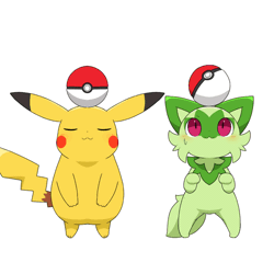 Size: 960x960 | Tagged: safe, artist:tontaro, fictional species, mammal, pikachu, sprigatito, feral, nintendo, pokémon, spoiler:pokémon gen 9, spoiler:pokémon scarlet and violet, 2023, 2d, 2d animation, ambiguous gender, ambiguous only, animated, black nose, cute, digital art, duo, duo ambiguous, ear twitch, ears, eyes closed, fluff, fur, gif, green body, green fur, neck fluff, poké ball, simple background, starter pokémon, tail, white background, yellow body, yellow fur, yellow tail