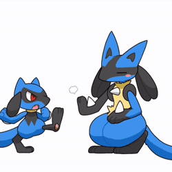 Size: 1080x1080 | Tagged: safe, artist:tontaro, fictional species, lucario, mammal, riolu, anthro, digitigrade anthro, dragon ball (series), nintendo, pokémon, 2023, 2d, 2d animation, ambiguous gender, ambiguous only, animated, butt, digital art, duo, duo ambiguous, ears, eyes closed, fighting, fur, hair, happy, musical note, piggyback ride, pumping, rear view, sound, tail, training, webm, workout