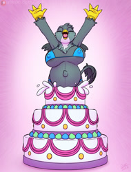 Size: 1520x2000 | Tagged: suggestive, artist:drxii, gabby (mlp), bird, feline, fictional species, gryphon, mammal, anthro, friendship is magic, hasbro, my little pony, beak, bikini, breasts, bursting from cake, chest fluff, clothes, feathers, female, fluff, gradient background, nipple outline, pregnant, solo, solo female, swimsuit, tail