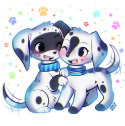 Size: 1100x1108 | Tagged: safe, artist:foxlett, dee dee (101 dalmatian street), dizzy (101 dalmatian street), canine, dalmatian, dog, mammal, feral, 101 dalmatian street, 101 dalmatians, disney, duo, duo female, female, females only, puppy, young