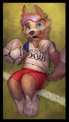 Size: 717x1260 | Tagged: safe, artist:tacklebox, zabivaka (fifa), canine, mammal, wolf, anthro, fifa, world cup, belly, belly button, blue eyes, cub, cute expression, fur, goggles, lying down, male, mascot, on back, outdoors, russia, soccer, soccerball, solo, solo male, tacklebox, tan body, tan fur, tongue, tongue out, young