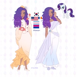 Size: 2048x2048 | Tagged: safe, artist:cryweas, rarity (mlp), equine, fictional species, human, mammal, pony, unicorn, feral, friendship is magic, hasbro, my little pony, 2023, alternate hairstyle, american flag, asian, bisexual pride flag, blasian, bottomwear, bracelet, choker, clothes, dark skin, dress, evening gloves, eyeshadow, female, flag, gloves, hair, hat, headwear, high heels, high res, humanized, jewelry, korean, legwear, lipstick, long gloves, makeup, mare, mtf transgender, phone, pride, pride flag, reference sheet, ring, shoes, skin, solo, solo female, south korea, species swap, stockings, thigh highs, transgender, transgender pride flag, united states of america