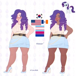 Size: 2048x2048 | Tagged: safe, artist:cryweas, rarity (mlp), equine, fictional species, human, mammal, pony, unicorn, feral, friendship is magic, hasbro, my little pony, 2023, alternate hairstyle, american flag, asian, belt, bisexual pride flag, blasian, bottomwear, bracelet, breasts, choker, clothes, dark skin, dress, evening gloves, eyeshadow, female, flag, glasses, gloves, grin, hair, high heels, high res, humanized, jewelry, korean, legwear, light skin, lipstick, long gloves, makeup, mare, mtf transgender, pride, pride flag, reference sheet, ring, shoes, skin, skirt, sleeveless, sleeveless sweater, slightly chubby, smiling, solo, solo female, south korea, species swap, stockings, sweater, thigh highs, topwear, transgender, transgender pride flag, united states of america