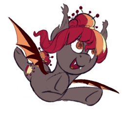 Size: 542x542 | Tagged: safe, artist:skoon, oc, oc only, oc:porona, bat pony, equine, fictional species, mammal, pony, feral, friendship is magic, hasbro, my little pony, 2023, bat wings, cute, cute little fangs, fangs, female, flying, hair, hair bun, happy, mare, simple background, solo, solo female, teeth, webbed wings, white background, wings