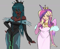 Size: 1744x1437 | Tagged: safe, artist:trixieacc06, princess cadence (mlp), queen chrysalis (mlp), human, mammal, humanoid, friendship is magic, hasbro, my little pony, 2023, bottomwear, clothes, crown, dark skin, dress, duo, duo female, feathered wings, feathers, female, females only, gray background, headwear, horned humanization, humanized, jewelry, light skin, regalia, simple background, skin, species swap, standing, winged humanoid, wings