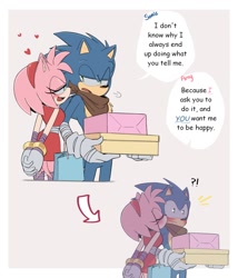 Size: 1200x1400 | Tagged: safe, artist:tiolimond, amy rose (sonic), sonic the hedgehog (sonic), hedgehog, mammal, anthro, sega, sonic boom (series), sonic the hedgehog (series), anthro/anthro, blue body, blushing, bottomwear, box, clothes, container, dress, duo, duo male and female, female, gray background, green eyes, heart, holding, holding object, kiss on the cheek, kissing, male, male/female, pink body, shipping, simple background, sonamy (sonic)