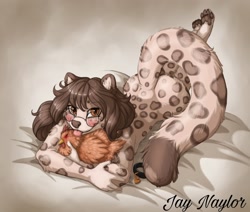 Size: 2048x1739 | Tagged: suggestive, artist:jay naylor, oc, oc:elizabeth mendoza, bird, chicken, galliform, anthro, feral, :p, bed, blushing, brown eyes, brown hair, brown nose, collar, complete nudity, cream body, cream fur, ear fluff, female, fluff, fur, glasses, hair, looking at you, non-sapient, nudity, on bed, pantherine, paw pads, paws, pet tag, round glasses, simple background, solo, solo female, spots, spotted fur, tail, tail fluff, tongue, tongue out