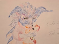 Size: 4624x3468 | Tagged: safe, artist:lilyfathom, canine, dragon, fennec fox, fictional species, fox, furred dragon, mammal, angry, christianity, color pencil, emotional, love, male, pacifier, plushie, reclining, sad, solo, solo male, toy, traditional art, work in progress