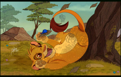 Size: 920x590 | Tagged: safe, artist:unibat, simba (the lion king), arthropod, beetle, big cat, feline, insect, lion, mammal, feral, disney, the lion king, cub, letterboxing, male, paw pads, paws, solo, solo male, young