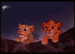 Size: 1044x751 | Tagged: safe, artist:unibat, nala (the lion king), simba (the lion king), big cat, feline, lion, mammal, feral, disney, the lion king, cub, duo, female, letterboxing, lioness, male, young