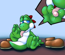 Size: 1133x960 | Tagged: safe, artist:raccoonlover, yoshi (mario), fictional species, yoshi (species), anthro, plantigrade anthro, mario (series), nintendo, barefoot, feet, fetish, foot fetish, foot focus, foot worship, shoes removed, soles, toes