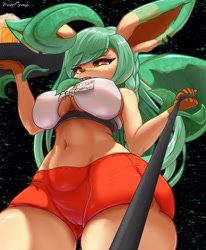 Size: 2800x3400 | Tagged: suggestive, artist:sturdyplywood, eeveelution, fictional species, leafeon, mammal, anthro, hooters, nintendo, pokémon, 2022, alcohol, bedroom eyes, beer, beer mug, belly button, bottomwear, breasts, cameltoe, clothes, digital art, drink, ears, eyelashes, female, fur, hair, hooters outfit, leash, looking at you, nipple outline, open mouth, sharp teeth, shorts, solo, solo female, tail, tank top, teeth, thighs, tongue, topwear, underboob, wide hips