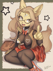 Size: 4080x5480 | Tagged: suggestive, artist:zinfyu, oc, oc only, canine, fox, mammal, anthro, 2022, bag, bedroom eyes, bottomwear, breasts, clothes, container, detailed background, digital art, ears, eyelashes, female, fur, glasses, hair, kneeling, looking at you, nipple outline, nipple tape, open mouth, pose, shirt, shoes, skirt, solo, solo female, tail, thighs, tongue, topwear, vixen, wide hips