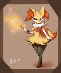 Size: 3240x3860 | Tagged: safe, artist:zinfyu, braixen, fictional species, anthro, digitigrade anthro, nintendo, pokémon, 2016, bedroom eyes, belly button, breasts, digital art, ear fluff, ears, eyelashes, featureless breasts, female, fire, fluff, fur, hip fluff, looking at you, pose, red nose, shoulder fluff, simple background, solo, solo female, starter pokémon, stick, tail, thighs, wide hips