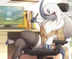Size: 4096x3362 | Tagged: safe, artist:zinfyu, absol, fictional species, mammal, anthro, digitigrade anthro, nintendo, pokémon, 2022, bedroom eyes, chair, claws, clothes, computer, detailed background, digital art, ears, eyelashes, female, fur, hair, horn, legwear, looking at you, monitor, pose, shirt, sitting, solo, solo female, stockings, tail, thighs, topwear, wide hips