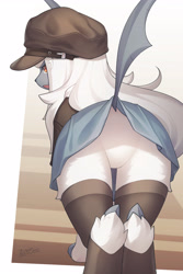 Size: 3240x4860 | Tagged: safe, artist:zinfyu, absol, fictional species, mammal, anthro, digitigrade anthro, feral, nintendo, pokémon, 2022, bedroom eyes, black nose, border, bottomwear, butt, cap, claws, clothes, digital art, ears, eyelashes, featureless crotch, female, fur, hair, hat, headwear, high res, horn, legwear, looking at you, looking back, looking back at you, open mouth, pose, rear view, shirt, skirt, solo, solo female, stockings, tail, thighs, tongue, topwear, white border, wide hips