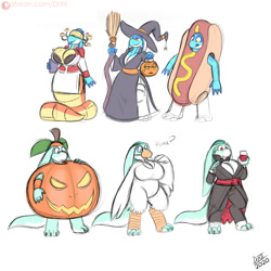 Size: 1500x1500 | Tagged: safe, artist:drxii, oc, oc only, oc:blueberry (drxii), oc:gooseberry (drxii), fictional species, kobold, reptile, anthro, animal costume, breasts, claws, cleavage, clothes, cosplay, costume, fangs, female, food, food costume, gorgon costume, halloween, hat, headwear, holiday, hot dog, hot dog costume, jack-o-lantern, kobold quest, medusabold costume, pumpkin, pumpkin costume, scales, sharp teeth, simple background, tail, teeth, vampire costume, vegetables, white background, witch costume, witch hat