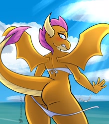 Size: 1890x2160 | Tagged: safe, artist:ambris, smolder (mlp), dragon, fictional species, anthro, friendship is magic, hasbro, my little pony, 2023, big breasts, big butt, bikini, blushing, breasts, butt, clothes, commission, female, horns, looking back, solo, solo female, swimsuit, tail, thick thighs, thighs, wardrobe malfunction, wide hips, wings