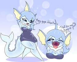 Size: 1109x892 | Tagged: safe, artist:gz_gordon, eeveelution, fictional species, mammal, vaporeon, anthro, nintendo, pokémon, bottomwear, breasts, bust, clothes, dress, female, mawshot, open mouth, saliva, solo, solo female, tail, tail fin, thick thighs, thighs, wide hips
