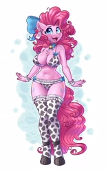 Size: 2208x3508 | Tagged: suggestive, artist:dandy, pinkie pie (mlp), earth pony, equine, fictional species, mammal, pony, anthro, friendship is magic, hasbro, my little pony, big breasts, bra, breasts, cameltoe, clothes, cow print, female, hooves, legwear, lingerie, panties, ribbon, solo, solo female, stockings, tail, thick thighs, thighs, underwear, wide hips