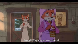 Size: 1280x720 | Tagged: safe, artist:letodoesart, maid marian (robin hood), robin hood (robin hood), canine, fox, mammal, red fox, anthro, disney, robin hood (disney), 2d, bottomwear, bucket, caught, clothes, comic, crossdressing, dialogue, dress, duo, duo male and female, english text, female, letterboxing, male, paint bucket, paintbrush, talking, text, vixen
