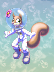 Size: 900x1200 | Tagged: safe, artist:drjavi, sandy cheeks (spongebob), mammal, rodent, squirrel, anthro, nickelodeon, spongebob squarepants (series), 2014, 2d, bubbles, female, flower, freckles, front view, green eyes, looking at you, plant, smiling, smiling at you, solo, solo female, three-quarter view, underwater, water