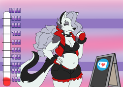 Size: 2220x1580 | Tagged: safe, artist:madnevil, loona (vivzmind), canine, fictional species, hellhound, mammal, anthro, comic:loona ko-fi weight gain drive, helluva boss, 2022, belly, belly button, belt, black nose, black tail, bottomwear, breasts, cleavage, clothes, collar, colored sclera, crop top, ear fluff, ear piercing, elbow fluff, eyes closed, fat fetish, female, fingerless gloves, fluff, fur, gloves, gray body, gray fur, gray hair, hair, hair over one eye, hand on hip, jacket, ko-fi logo, long tail, midriff, multicolored fur, multicolored tail, piercing, red sclera, short shorts, shorts, shoulder fluff, sign, slightly chubby, solo, solo female, spiked collar, striped background, tail, tank top, thick thighs, thighs, three-quarter view, topwear, two toned body, two toned fur, two toned tail, weight gain, weight gain drive, white body, white eyes, white fur, white tail