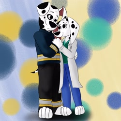 Size: 3038x3038 | Tagged: safe, artist:saelck, delilah (101 dalmatian street), doug (101 dalmatian street), canine, dalmatian, dog, mammal, anthro, 101 dalmatian street, 101 dalmatians, disney, 4 toes, black nose, bottomwear, clothes, duo, female, fur, high res, holding, holding hands, legwear, looking at each other, male, male/female, pants, smiling, spots, spotted body, spotted fur, standing, white body, white fur