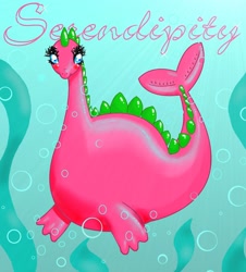Size: 1808x2000 | Tagged: safe, artist:noelle23, serendipity (serendipity), dragon, fictional species, feral, serendipity the pink dragon, blushing, bubbles, character name, dragoness, female, looking at you, solo, solo female, tail, tail fin, text, underwater, water