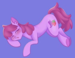 Size: 1620x1250 | Tagged: safe, artist:twilightsparkee, berry punch (mlp), earth pony, equine, fictional species, mammal, pony, feral, friendship is magic, hasbro, my little pony, 2023, blue background, blushing, drunk, female, go home you're drunk, mare, open mouth, simple background, solo, solo female, tail