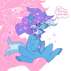 Size: 1020x1020 | Tagged: safe, artist:batthsalts, trixie (mlp), equine, fictional species, mammal, pony, unicorn, feral, friendship is magic, hasbro, my little pony, 2023, cape, clothes, female, frowning, hat, headwear, horn, mare, solo, solo female, text, thinking, thought bubble, trixie's hat, vulgar