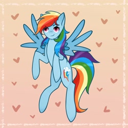 Size: 4000x4000 | Tagged: safe, artist:kaihawkeye, rainbow dash (mlp), equine, fictional species, mammal, pegasus, pony, feral, friendship is magic, hasbro, my little pony, 2023, absurd resolution, blue body, feathered wings, feathers, female, hair, heart, mane, rainbow hair, rainbow mane, rainbow tail, simple background, smiling, solo, solo female, tail, wings