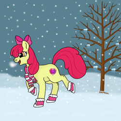 Size: 1000x1000 | Tagged: safe, artist:peachsunset08, apple bloom (mlp), earth pony, equine, fictional species, mammal, pony, feral, friendship is magic, hasbro, my little pony, 2023, boots, clothes, female, filly, foal, open mouth, plant, scarf, shoes, snow, snowfall, solo, solo female, striped scarf, tail, tree, winter, young