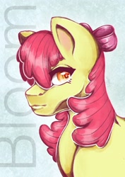 Size: 2480x3508 | Tagged: safe, artist:mrartly34, apple bloom (mlp), earth pony, equine, fictional species, mammal, pony, feral, friendship is magic, hasbro, my little pony, 2023, bust, female, filly, foal, high res, portrait, simple background, solo, solo female, text, young