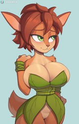 Size: 1536x2399 | Tagged: safe, artist:cooliehigh, elora (spyro), faun, fictional species, mammal, anthro, spyro the dragon (series), 2023, breasts, ears, female, hair, huge breasts, orange hair, short tail, solo, solo female, tail