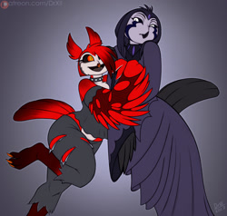 Size: 2100x2000 | Tagged: safe, artist:drxii, oc, oc only, bird, bird of prey, demon, fictional species, owl, anthro, amber eyes, beak, bottomwear, claws, clothes, collar, dress, duo, feathered wings, feathers, female, fishnet, goth, gradient background, see-through, siblings, sister, sisters, tail, tail feathers, talons, torn clothes, white eyes, wings
