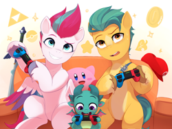 Size: 3791x2848 | Tagged: safe, artist:maren, hitch trailblazer (mlp), kirby (kirby), sparky sparkeroni (mlp), zipp storm (mlp), dragon, earth pony, equine, fictional species, mammal, pegasus, pony, western dragon, feral, friendship is magic, hasbro, kirby (series), my little pony, my little pony g5, nintendo, nintendo switch, pokémon, the legend of zelda, spoiler, spoiler:my little pony g5, 2023, badge, blue eyes, coin, couch, crossover, feathered wings, feathers, female, high res, indoors, male, mario hat, master sword, open mouth, playing, poké ball, purple eyes, sitting, smiling, sweat, sweatdrop, triforce, wings, yellow eyes, young