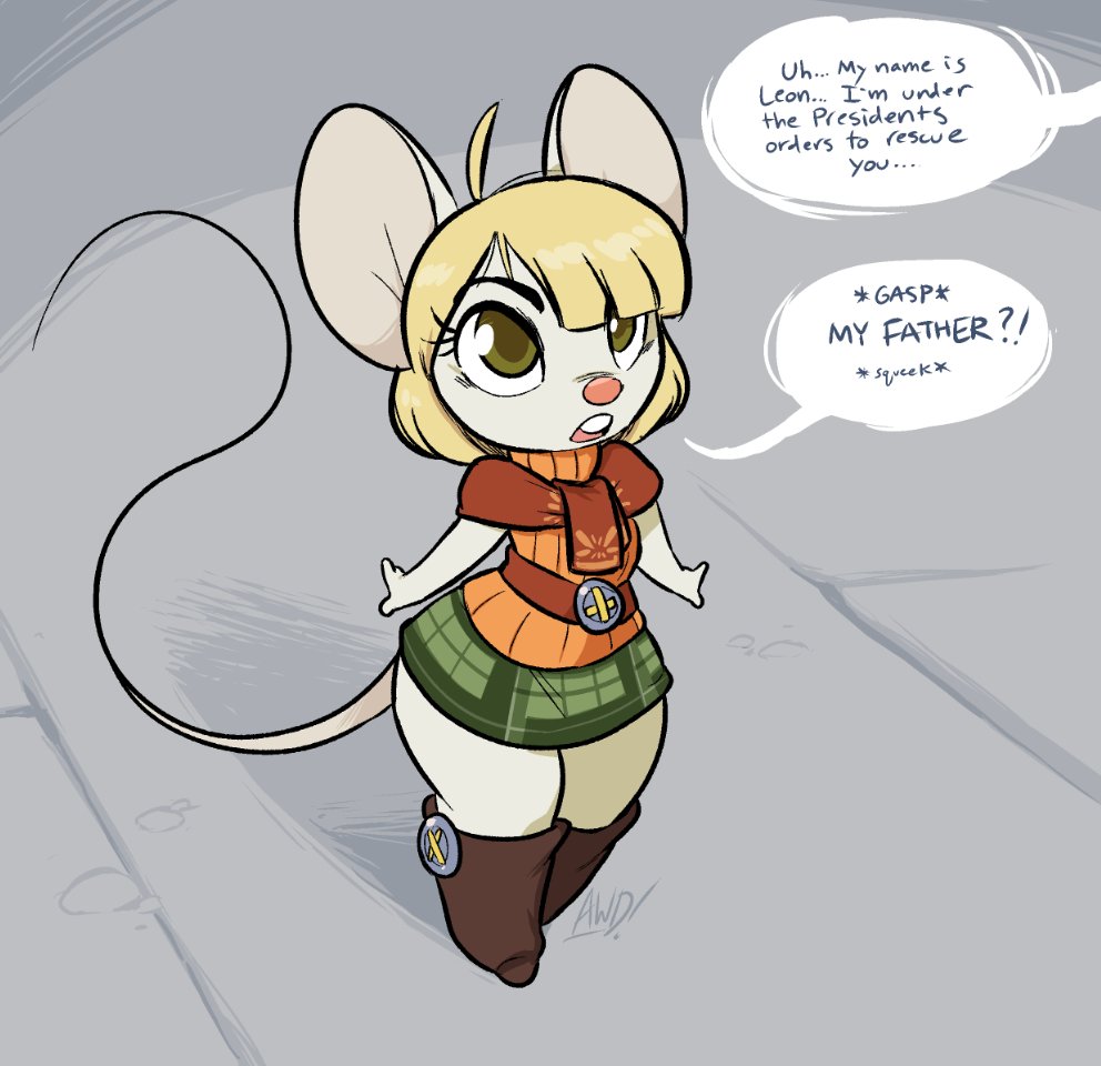 236683 - safe, artist:robdog, ashley graham (resident evil), mammal, mouse,  rodent, anthro, capcom, resident evil, 2023, animated, anthrofied, cheese,  clothes, dialogue, female, legwear, moushley, resident evil 4, scene  fashion, simple background, sitting