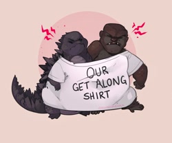 Size: 1202x999 | Tagged: safe, artist:bewitchedink, godzilla (godzilla), ape, fictional species, gorilla, kaiju, mammal, monster, primate, reptile, feral, godzilla (series), king kong (series), 2021, ambiguous gender, bottomless, brown body, brown fur, claws, clothes, digital art, duo, english text, eyes closed, feet, frowning, fur, get along shirt, godzilla, godzilla vs king kong, godzilla vs. kong, gray body, gray scales, haplorhine, king kong, male, megaprimatus kong, meme, nudity, open mouth, partial nudity, scales, sharing clothing, shirt, simple background, standing, t-shirt memes, t-shirt with humorous text (meme), teeth, text, toes, toho, topwear
