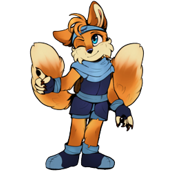 Size: 3072x3072 | Tagged: safe, artist:fainalotea, edit, miles "tails" prower (sonic), canine, fox, mammal, sega, sonic the hedgehog (series), brown body, brown fur, claws, clothes, cream body, cream fur, female, fingerless gloves, fur, gloves, head scarf, looking up, one eye closed, paws, pointing, redesign, rule 63, simple background, smiling, solo, solo female, standing, transparent background, vixen, winking, yellow body, yellow fur