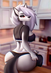 Size: 1163x1663 | Tagged: safe, artist:aozee, loona (vivzmind), canine, fictional species, hellhound, mammal, anthro, hazbin hotel, helluva boss, 2023, bedroom eyes, black nose, breasts, butt, clothes, colored sclera, detailed background, digital art, ears, eyelashes, female, fur, hair, kitchen, looking at you, looking back, looking back at you, pants, pants pulled down, pose, rear view, red sclera, sideboob, solo, solo female, sports bra, sports panties, tail, thighs, topwear, wide hips