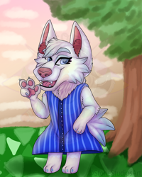Size: 1600x2000 | Tagged: safe, artist:stonestudiosart, whitney (animal crossing), canine, mammal, wolf, anthro, animal crossing, nintendo, 2d, bottomwear, clothes, dress, female, front view, gesture, looking at you, open mouth, open smile, paw pads, paws, peace sign, smiling, smiling at you, solo, solo female, three-quarter view
