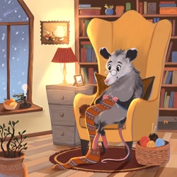 Size: 1200x1200 | Tagged: safe, artist:mellodee, mammal, marsupial, opossum, feral, 2d, book, bookshelf, candle, chair, cottagecore, cute, female, glasses, knitting, lamp, round glasses, sitting, smiling, snow, snowfall, solo, solo female, wholesome, yarn