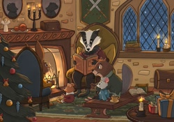 Size: 1097x768 | Tagged: safe, artist:mellodee, badger, beaver, lagomorph, mammal, mouse, mustelid, rabbit, rodent, anthro, the lord of the rings, tolkien's legendarium, 2d, ambiguous gender, book, candle, castle, christmas, christmas tree, conifer tree, cute, fire, fireplace, holiday, male, ornaments, present, reading, snow, snowfall, sword, tree, weapon, window
