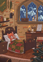 Size: 1120x1600 | Tagged: safe, artist:mellodee, mammal, rodent, squirrel, anthro, 2d, bed, blanket, book, candle, christmas, christmas tree, cloud, conifer tree, cottagecore, crescent moon, cute, drawing, eyes closed, female, holiday, moon, ornaments, pillow, sleeping, smiling, snow, snowfall, solo, solo female, stars, tree, window