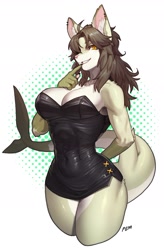 Size: 1569x2385 | Tagged: safe, artist:pgm300, feline, fish, hybrid, mammal, shark, anthro, abstract background, arm behind back, belly button, big breasts, black dress, body markings, bottomwear, breasts, brown hair, chest fluff, claws, cleavage, clothes, curvy, dress, ear fluff, ear piercing, elbow fluff, female, finger to lips, fluff, freckles, gloves (arm marking), hair, hair over one eye, hand on breast, hourglass figure, little black dress, looking at you, messy hair, minidress, mischievous, pale belly, palm pads, piercing, pink nose, sexy, short skirt, shoulder fluff, side slit, smiling, smiling at you, solo, solo female, strapless, tail, tail fin, thick thighs, thighs, tight clothing, wide hips, yellow eyes